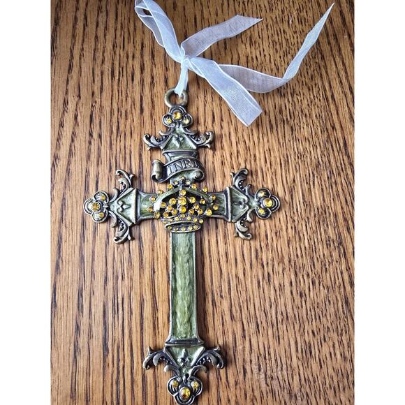 Decorative Cross Ornament Green W/ Crown & Gold Rhinestones - Picture 2 of 5